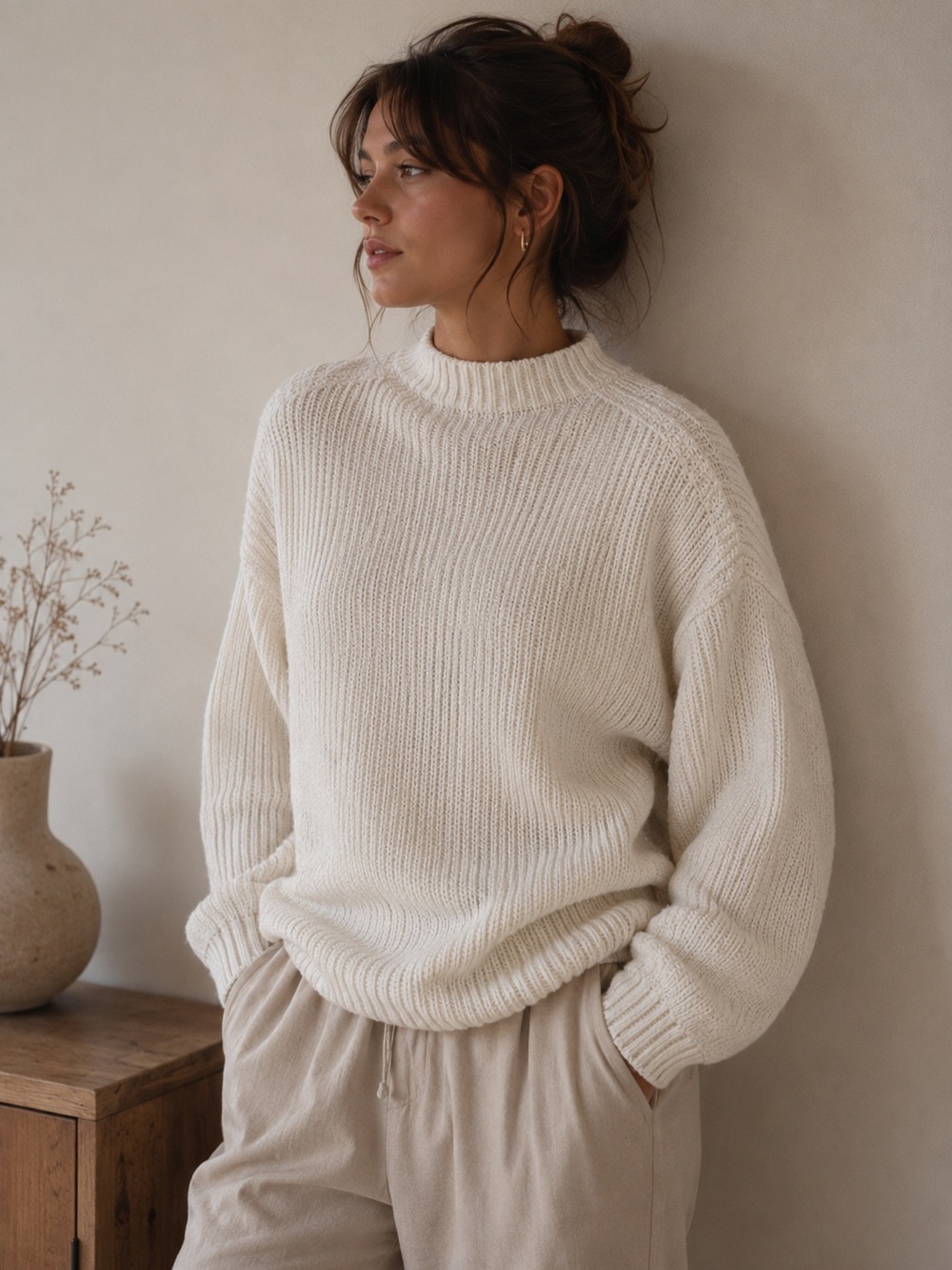 Aerie Cream Cotton Cable Knit Pullover Sweater Large Cozy Minimalist Fall Chic
